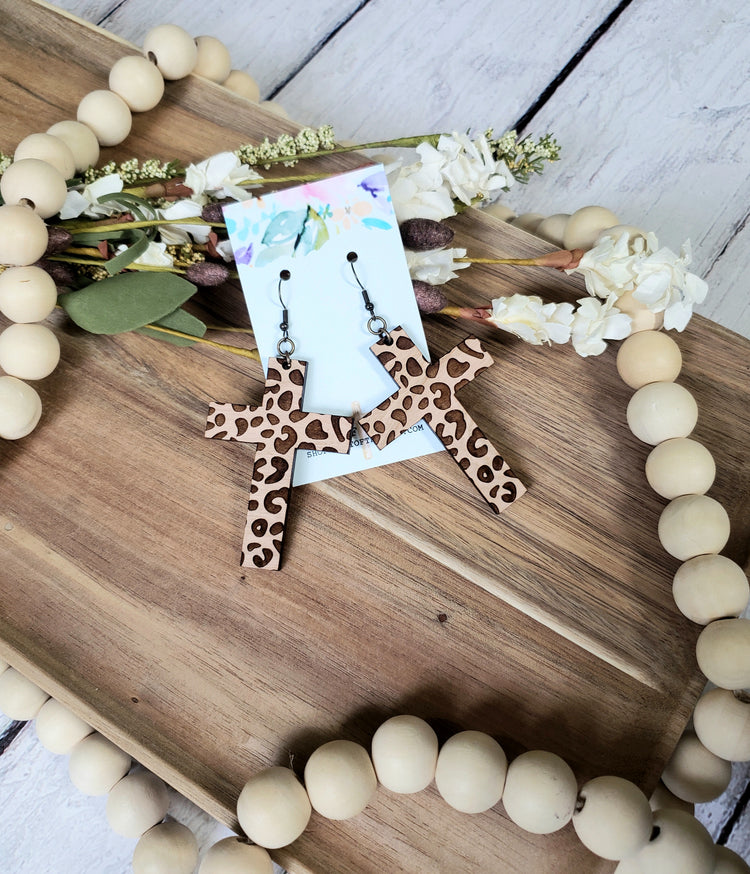 Leopard Engraved Cross Earrings