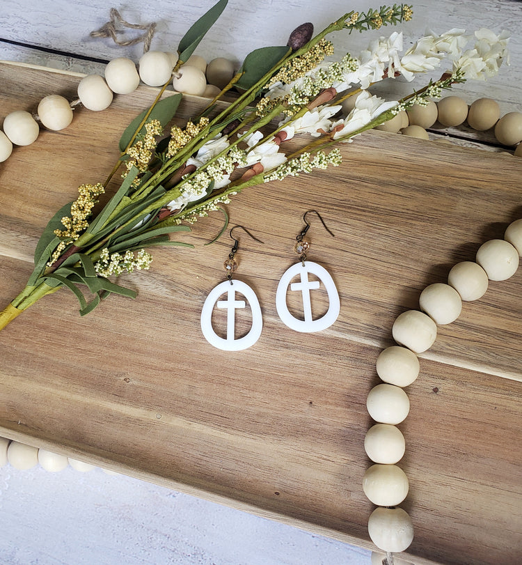 White Circle Cross Earrings