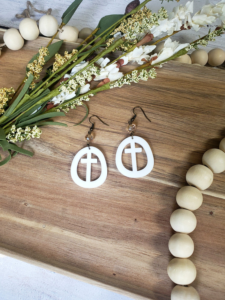 White Circle Cross Earrings