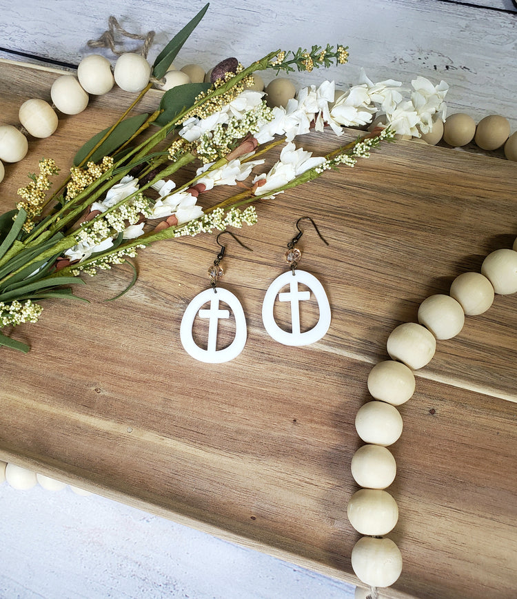 White Circle Cross Earrings