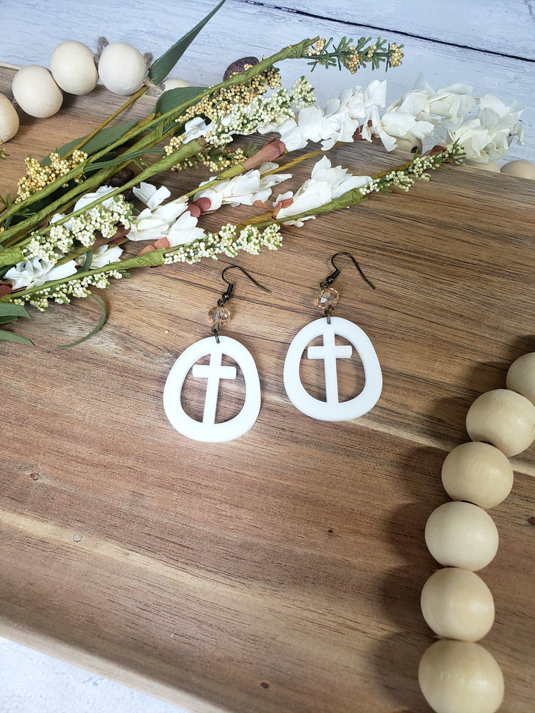 White Circle Cross Earrings