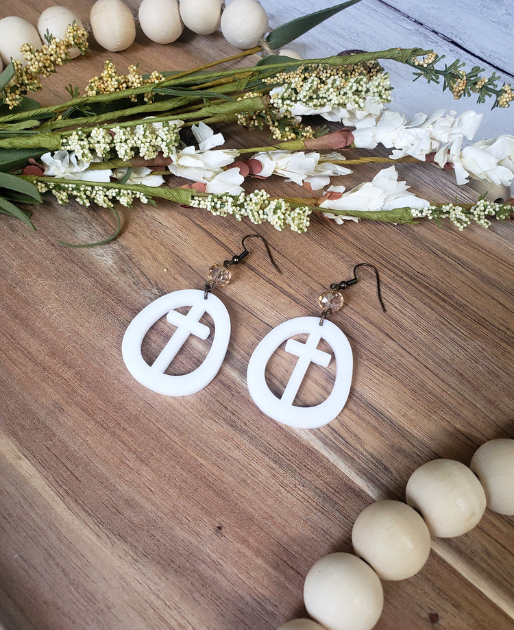 White Circle Cross Earrings