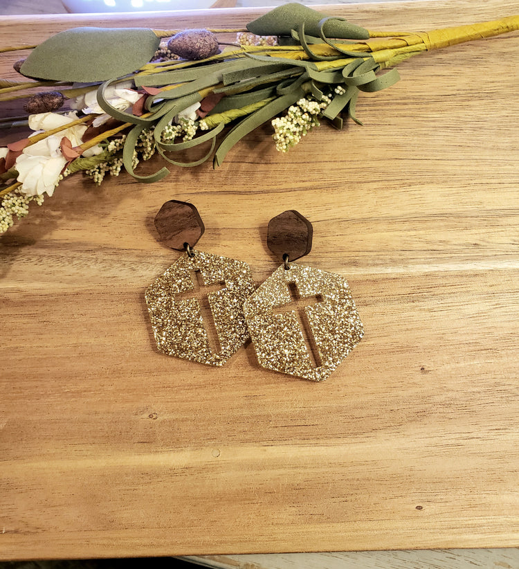 Hexagon Cross Earrings - Gold Glitter