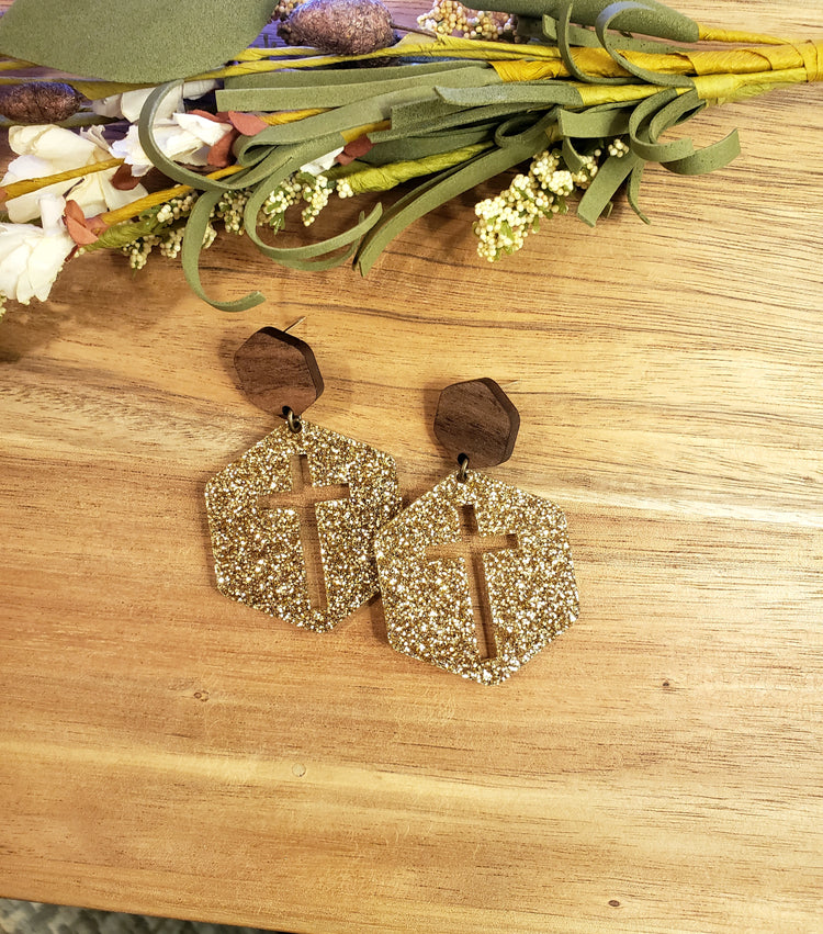 Hexagon Cross Earrings - Gold Glitter