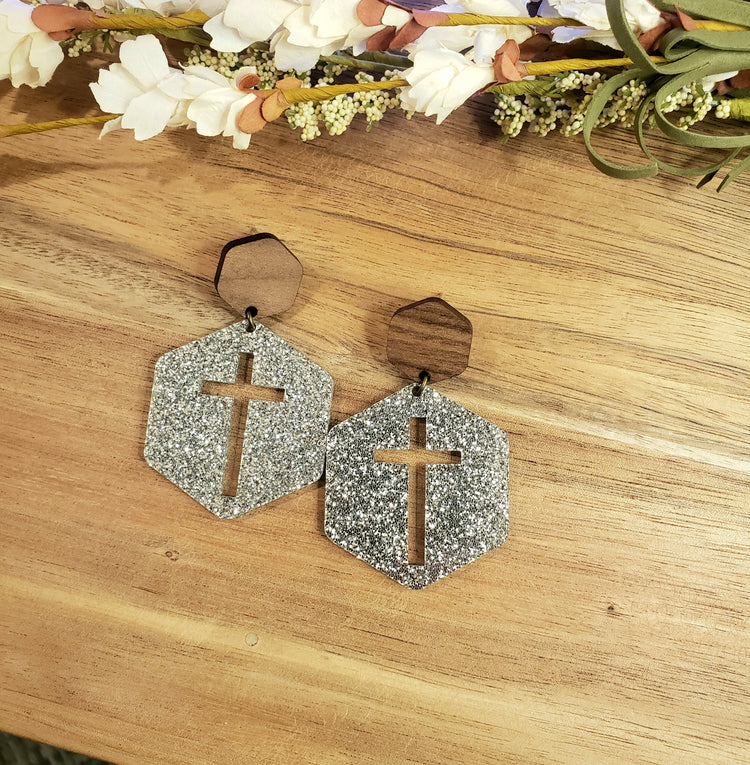 Hexagon Cross Earrings - Silver Glitter