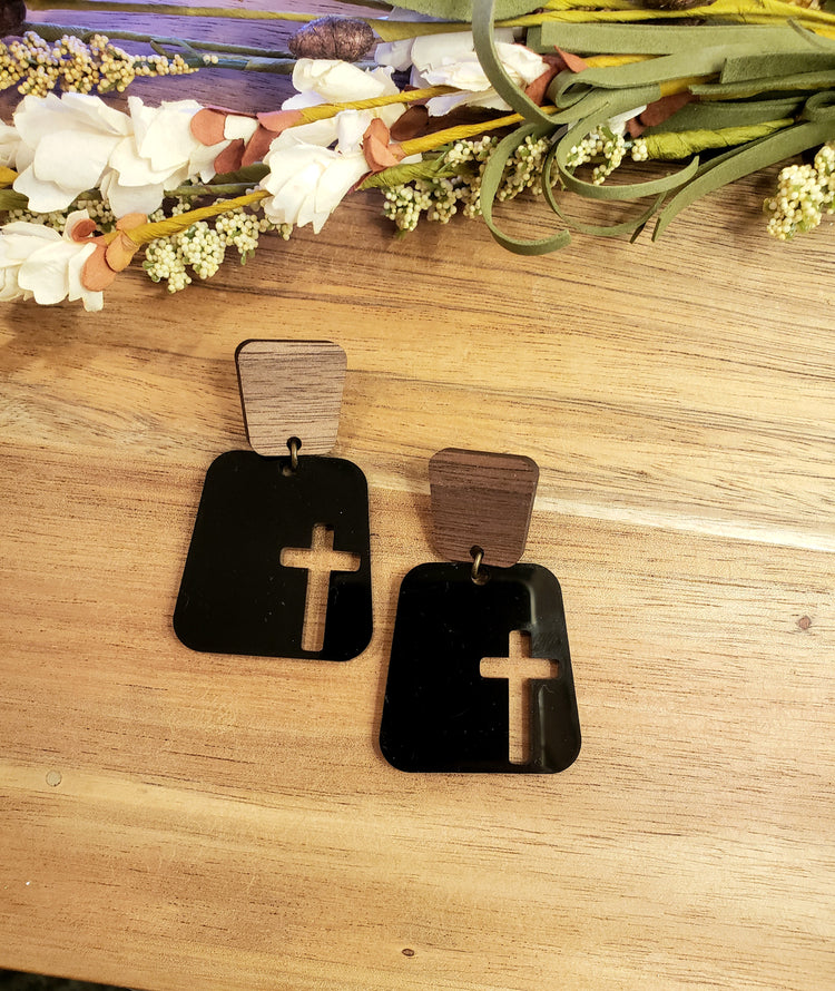 Square Cross Earrings - Black