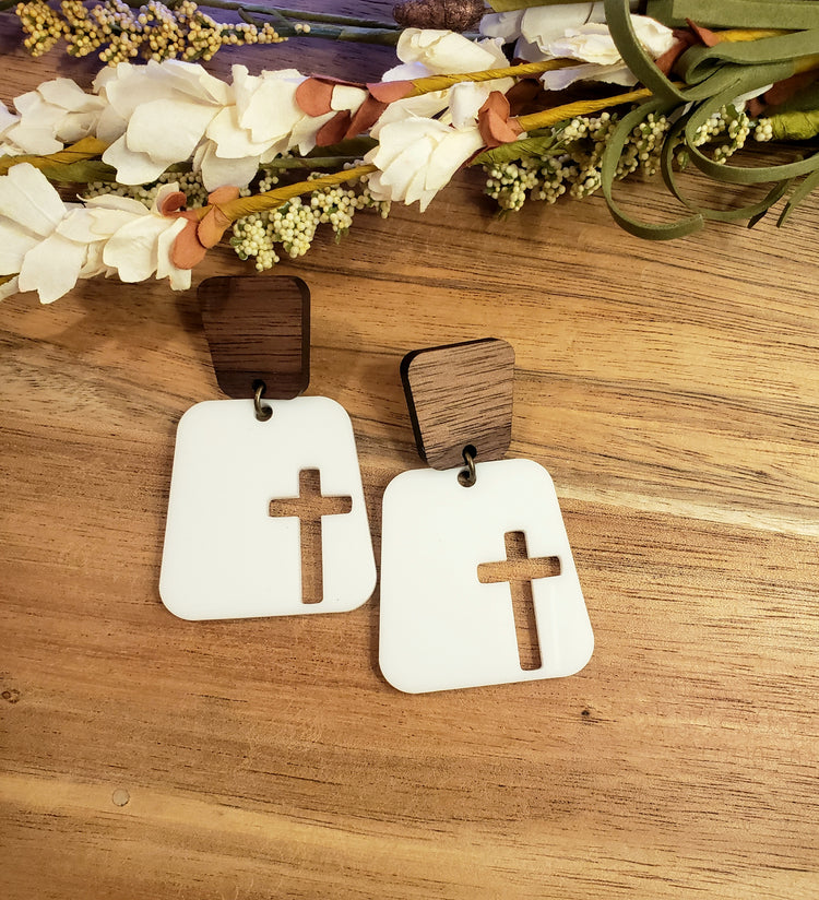 Square Cross Earrings - White
