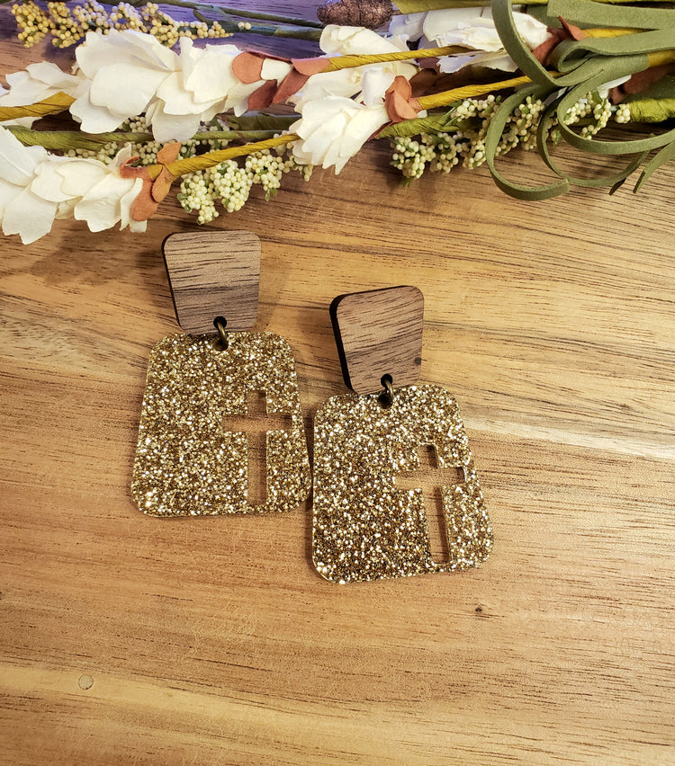 Square Cross Earrings - Gold Glitter