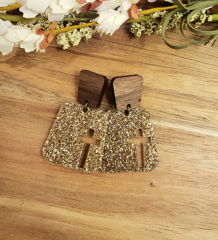 Square Cross Earrings - Gold Glitter