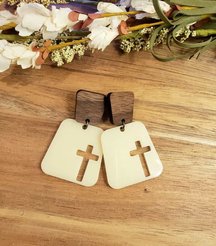 Square Cross Earrings - Cream