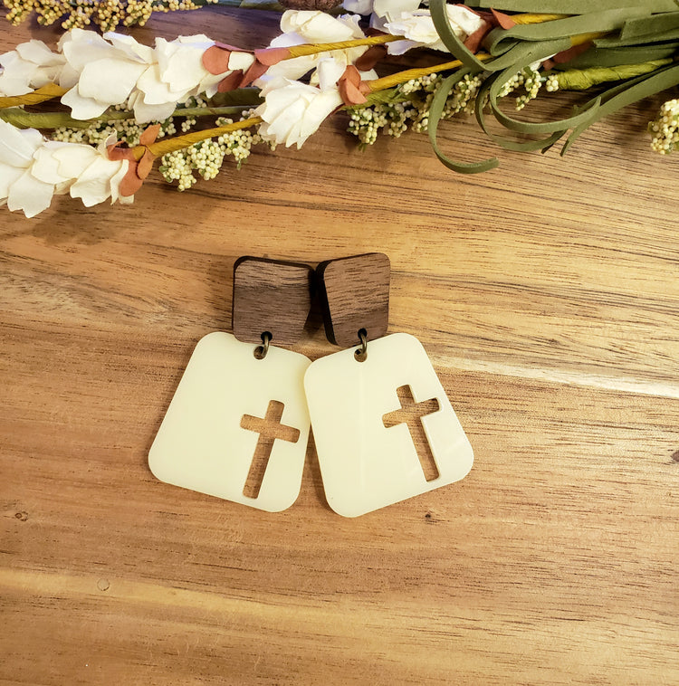 Square Cross Earrings - Cream