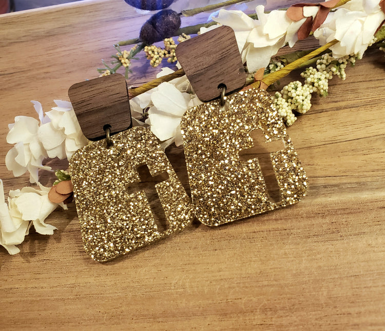 Square Cross Earrings - Gold Glitter