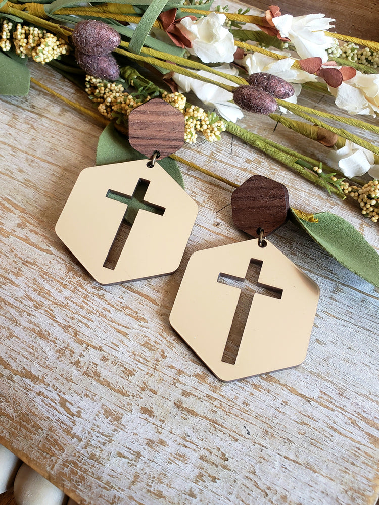 Hexagon Cross Earrings- Metallic Gold