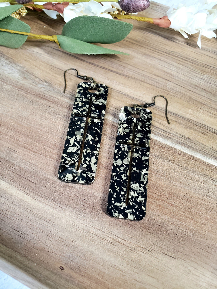 Black + Gold Confetti Cross Earrings