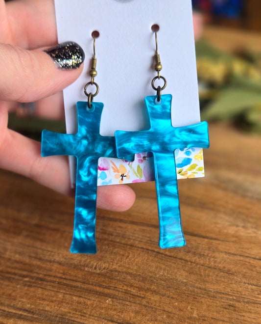 Radiant Faith Cross Earrings - Blue Marble
