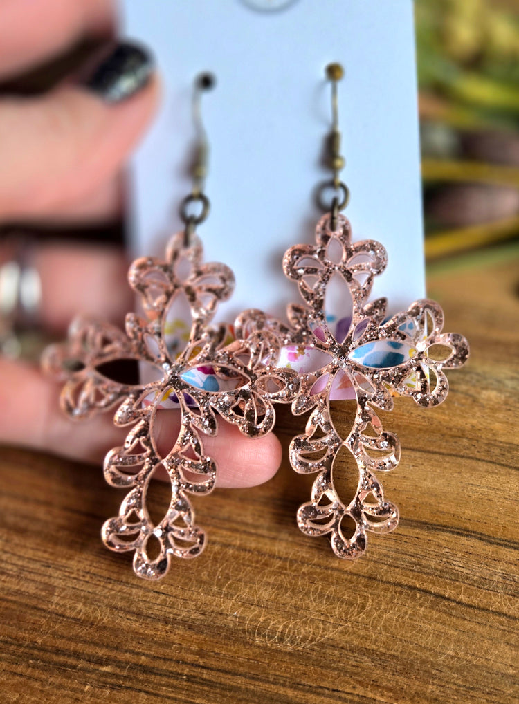 Grace Cross Earrings - Rose Gold Confetti