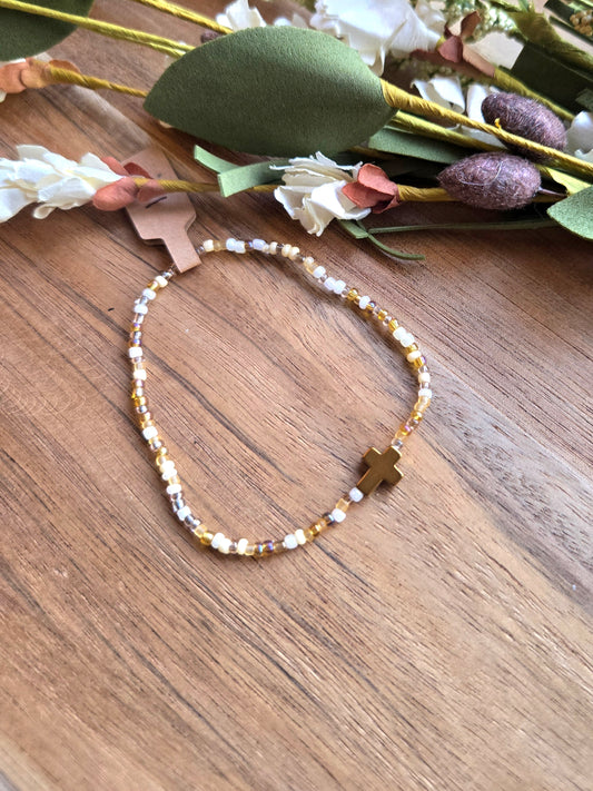 Golden Grace Seed Bead Cross Bracelet