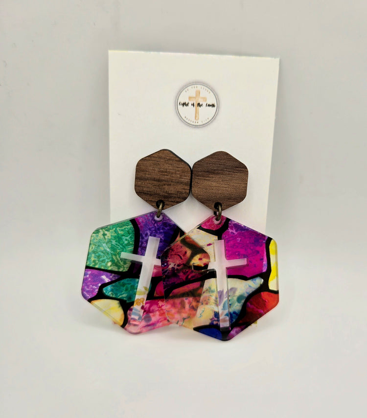 Hexagon Cross Earrings - Mosaic
