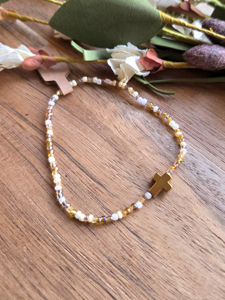 Golden Grace Seed Bead Cross Bracelet