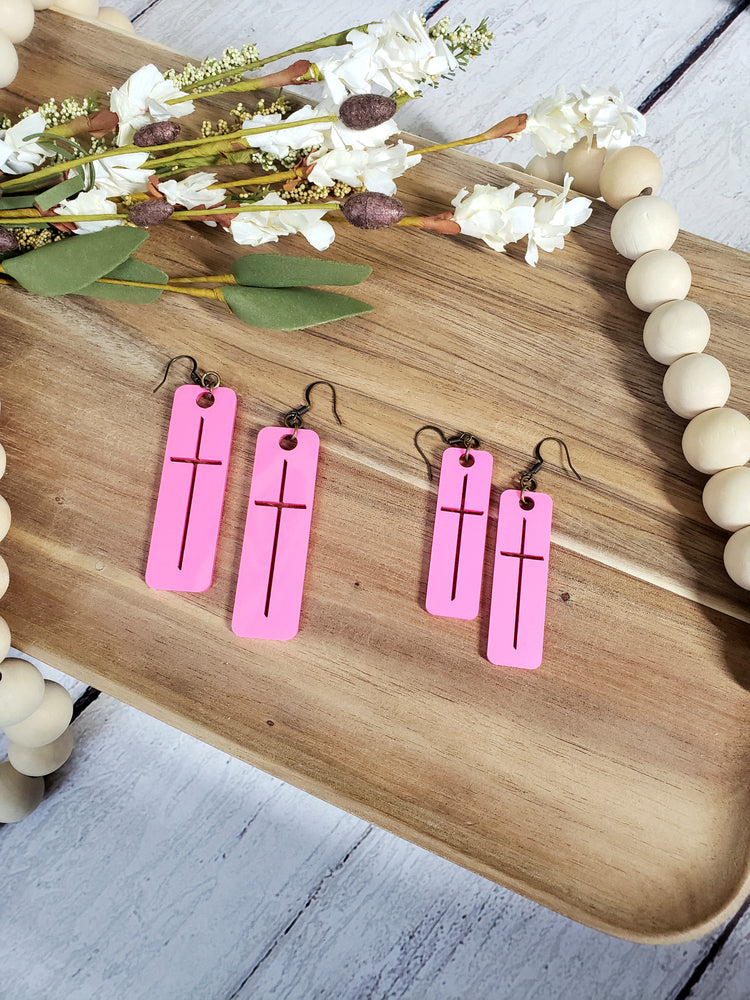 Hot Pink Acrylic Cross Earrings