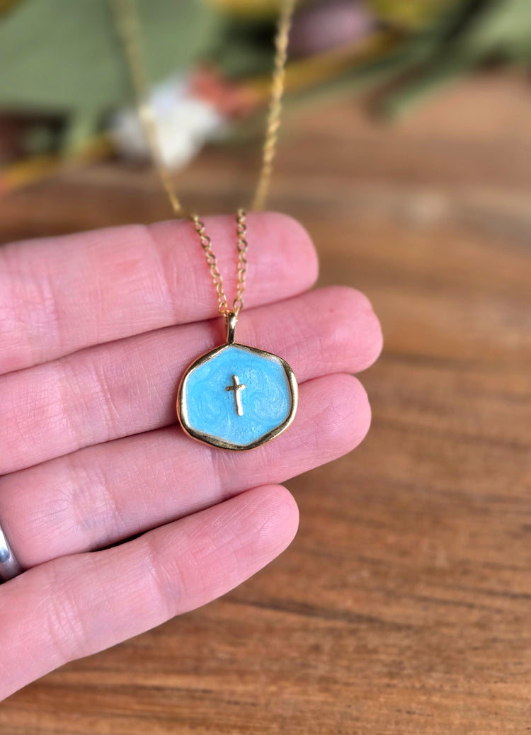 Blue Cross Charm Necklace