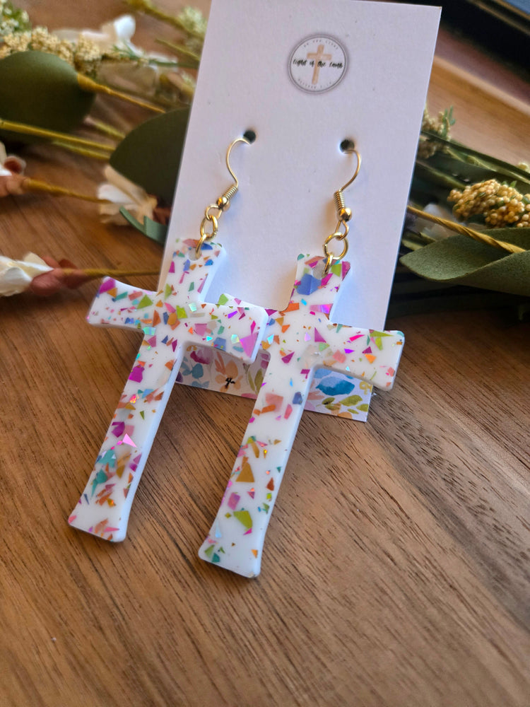 Radiant Cross Earrings - White Confetti