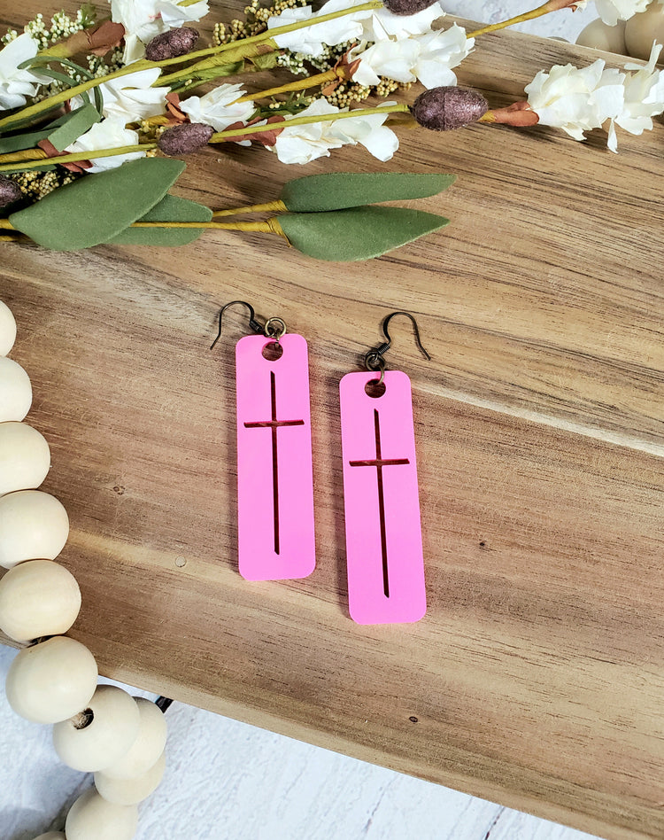 Hot Pink Acrylic Cross Earrings