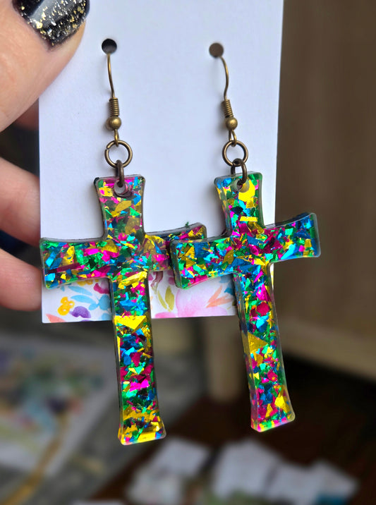 Radiant Faith Cross Earrings - Dark Confetti