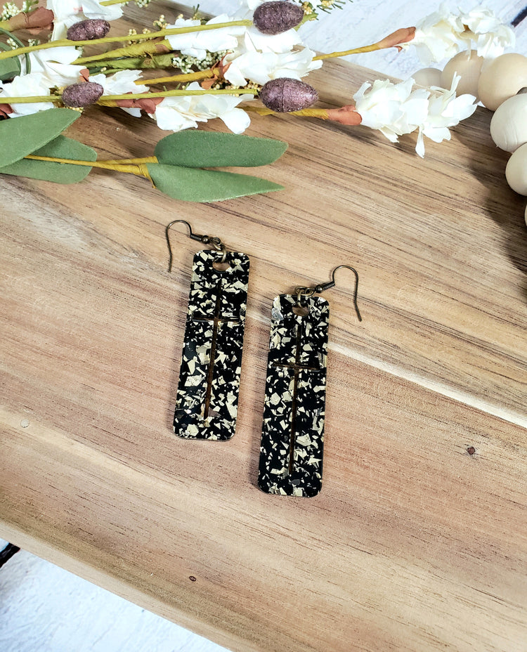 Black + Gold Confetti Cross Earrings