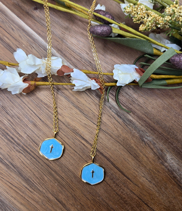 Aqua Cross Charm Necklace