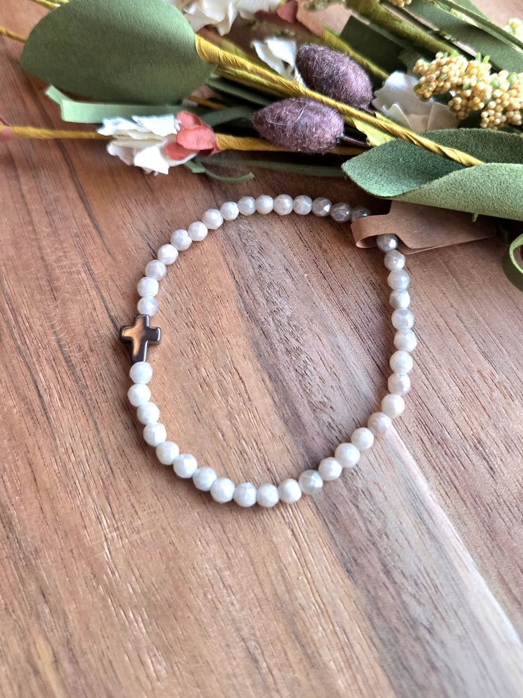 Dainty Pearl Glow Cross Bracelet