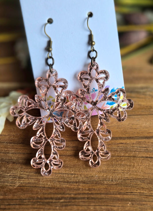 Grace Cross Earrings - Rose Gold Confetti