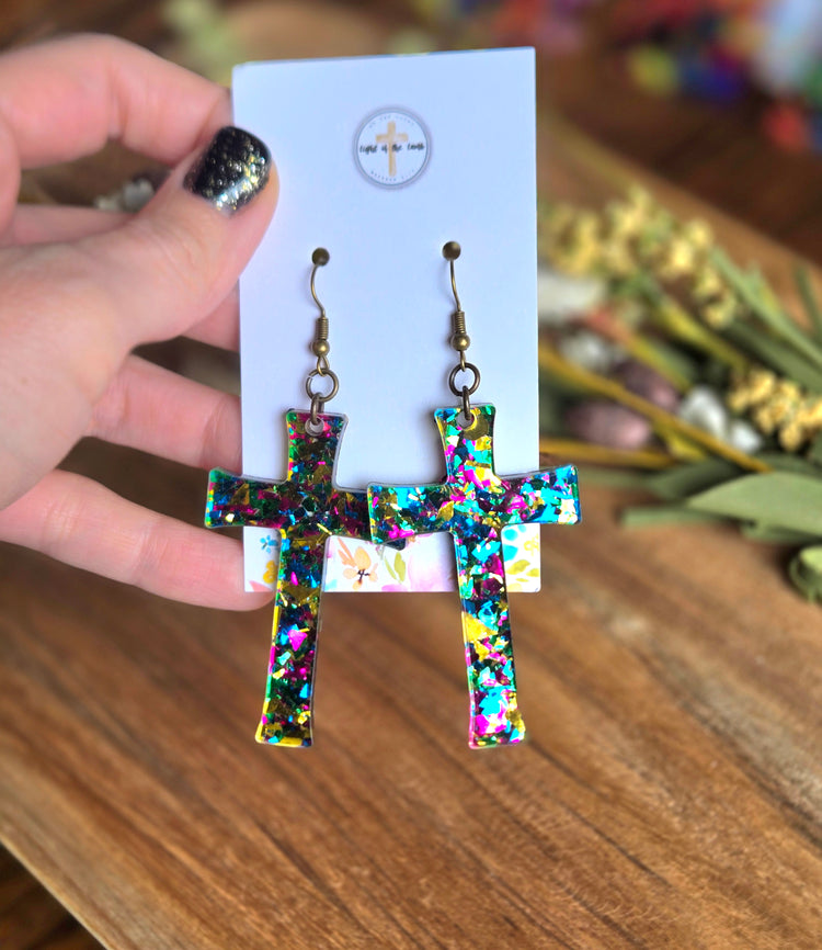 Radiant Faith Cross Earrings - Dark Confetti