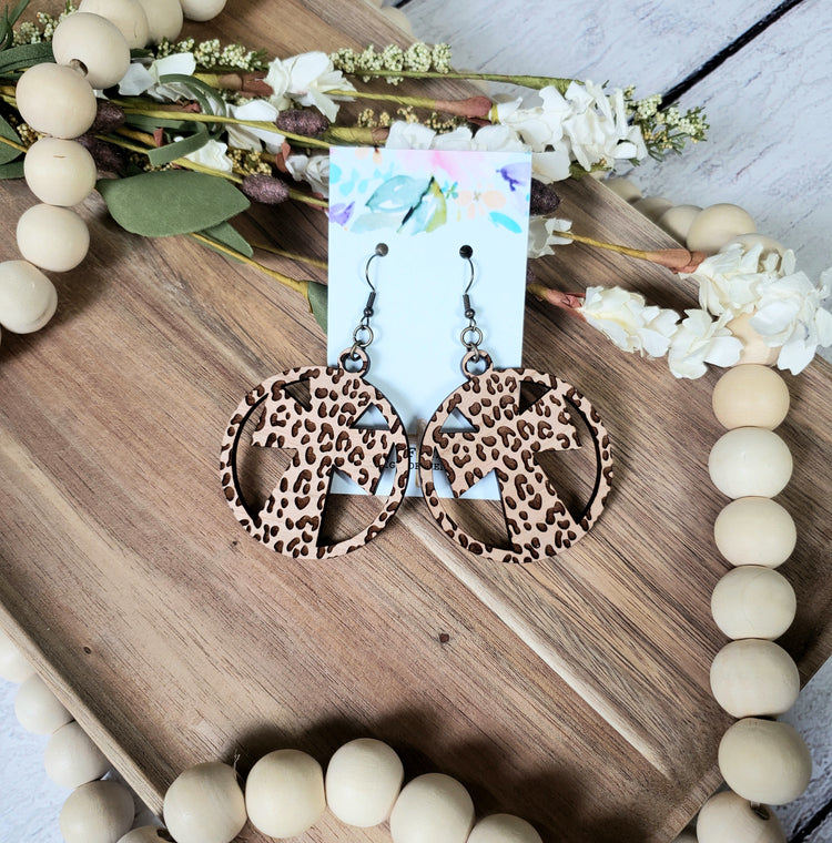 Engraved Leopard, Round Cross Earrings