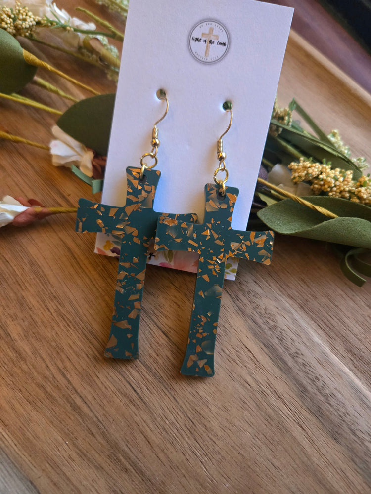 Green & Gold Confetti Cross Earrings