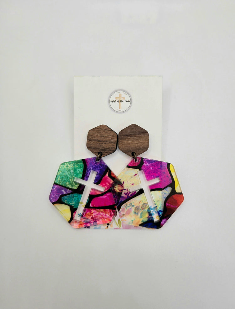 Hexagon Cross Earrings - Mosaic
