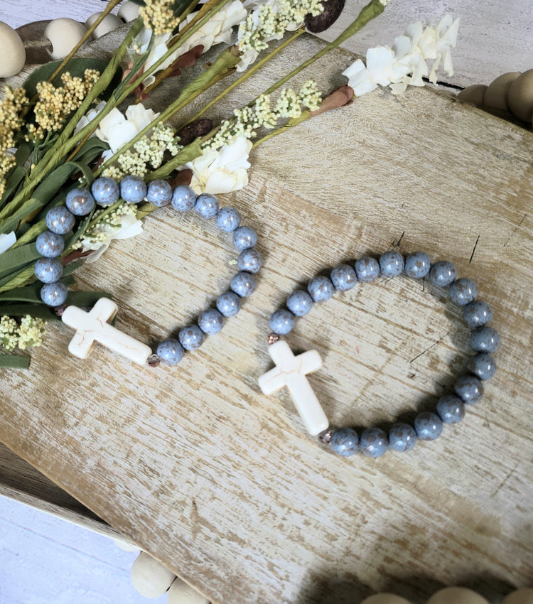 Blue Beaded White Cross Bracelet