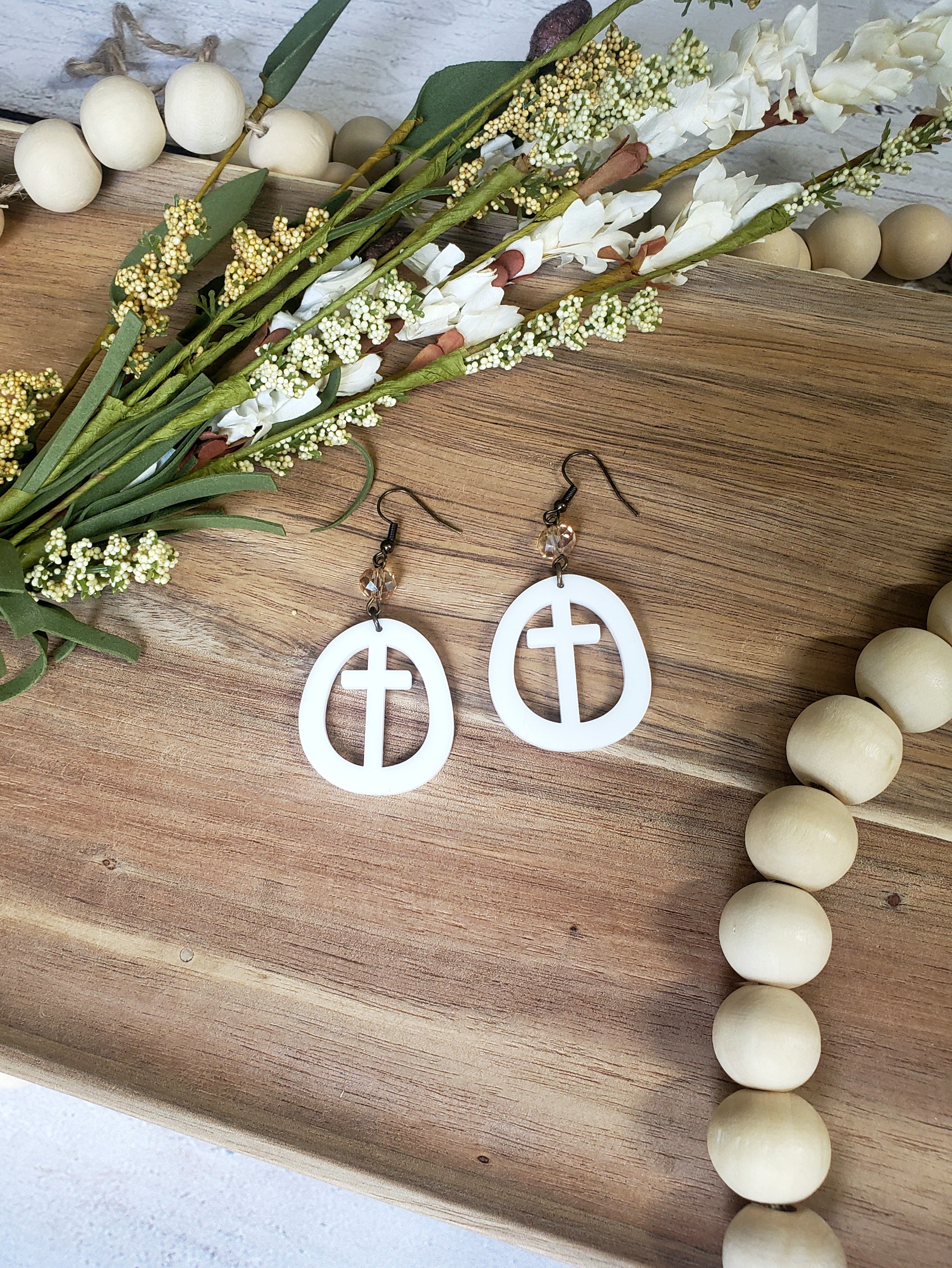 White Circle Cross Earrings