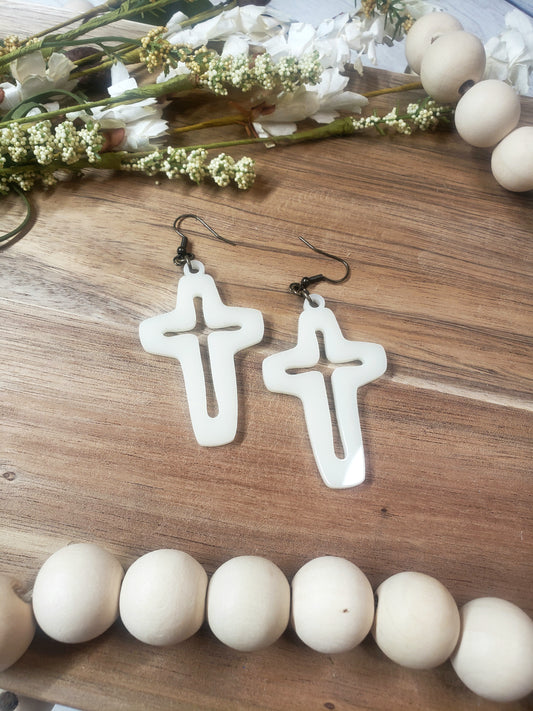 White Hollow Cross Earrings