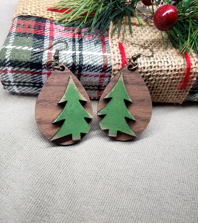 Layered, Wooden Tree Earrings