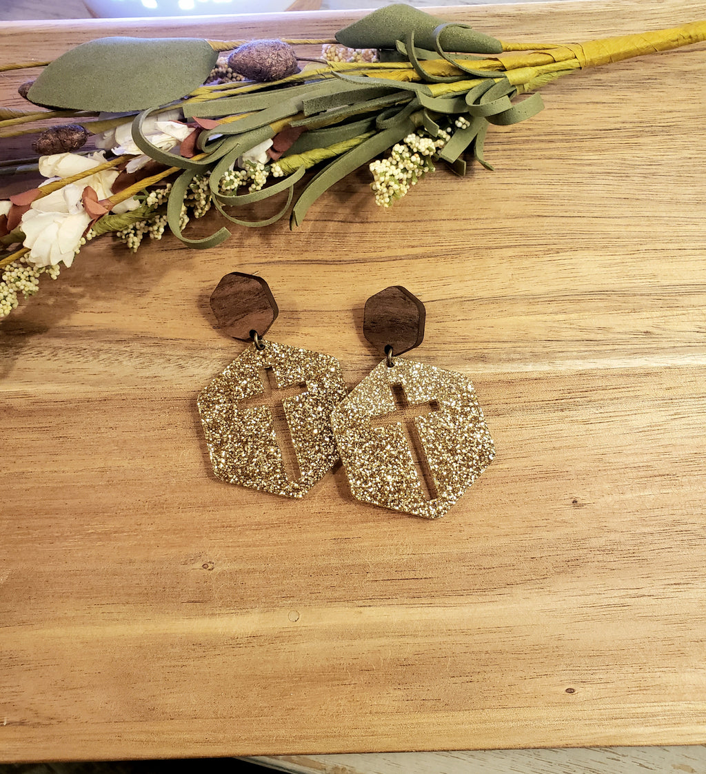 Hexagon Cross Earrings - Gold Glitter
