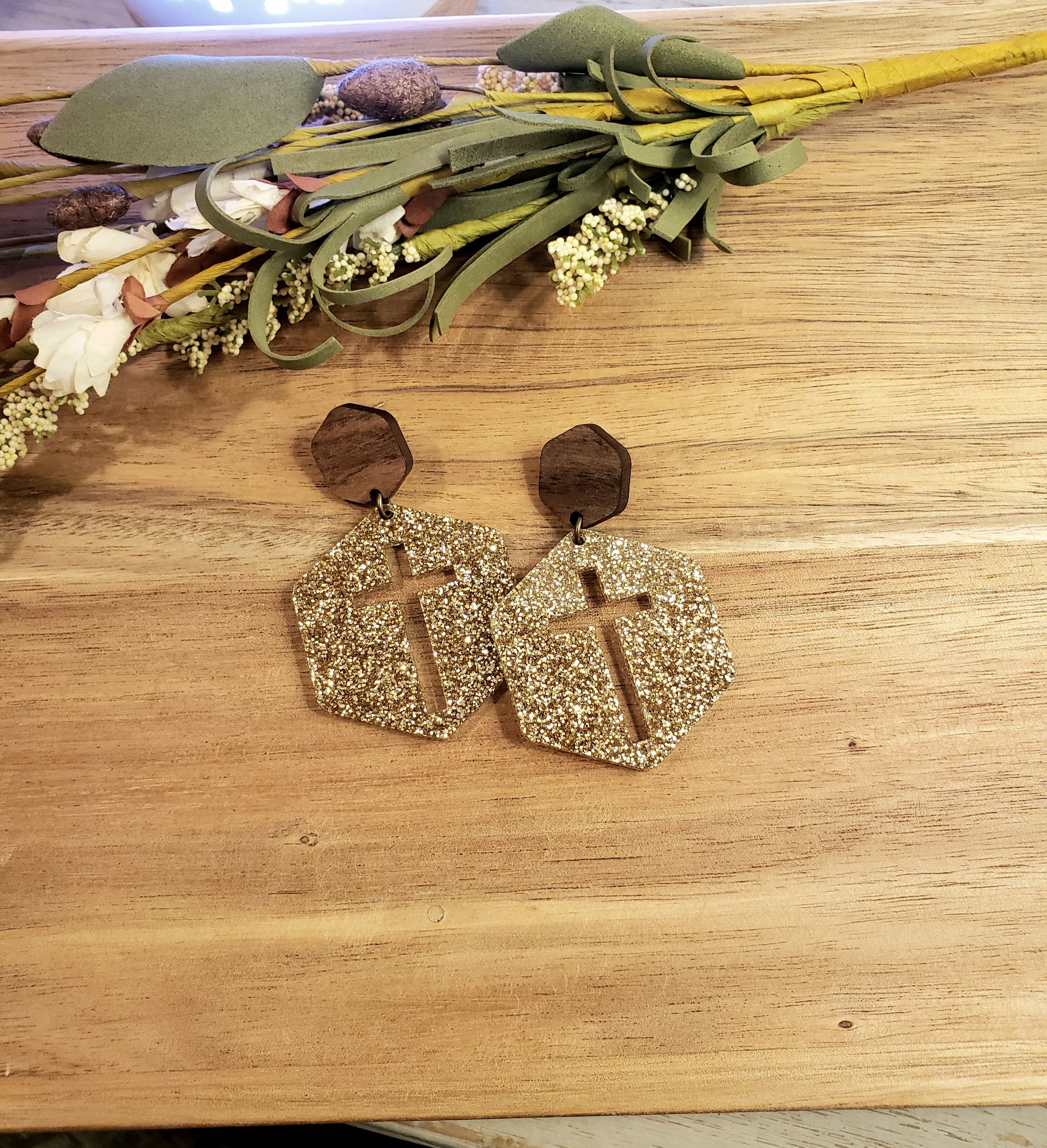 Hexagon Cross Earrings - Gold Glitter