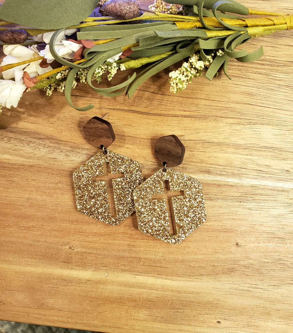 Hexagon Cross Earrings - Gold Glitter