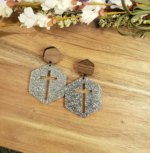 Hexagon Cross Earrings - Silver Glitter