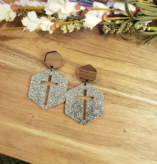 Hexagon Cross Earrings - Silver Glitter