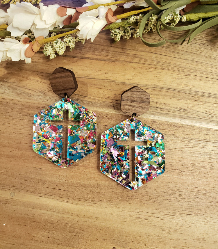 Hexagon Cross Earrings - Confetti