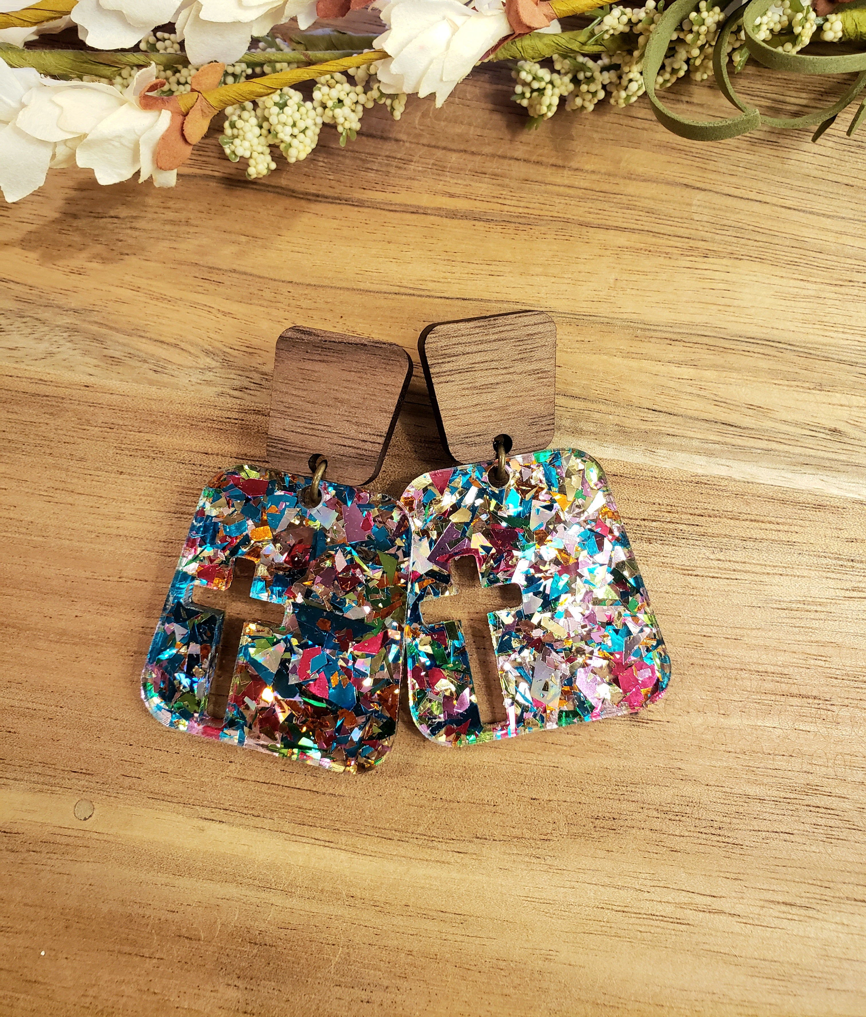 Square Cross Earrings - Confetti