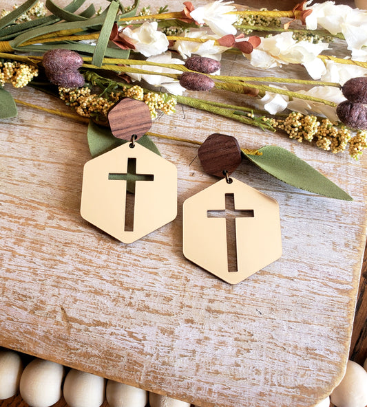 Hexagon Cross Earrings- Metallic Gold