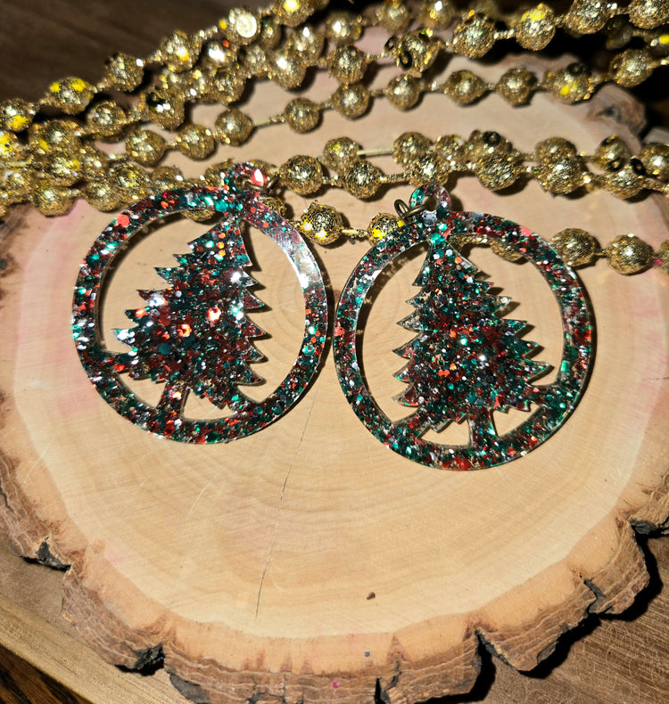 Circle Christmas Tree Earrings - Christmas Glitter