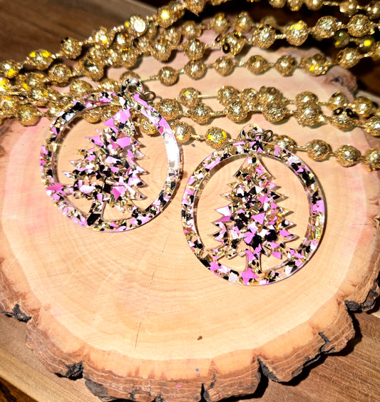 Circle Christmas Tree Earrings - Pink/Gold Confetti